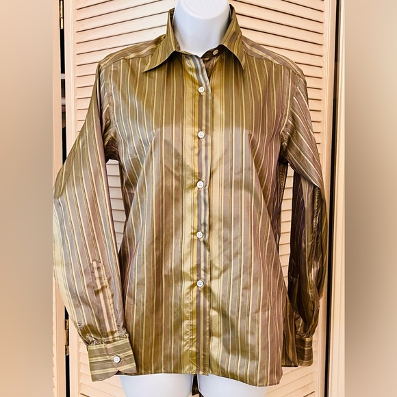 Silk striped shirt gold tones tailored lines long back vent button front yoked - Picture 3 of 5